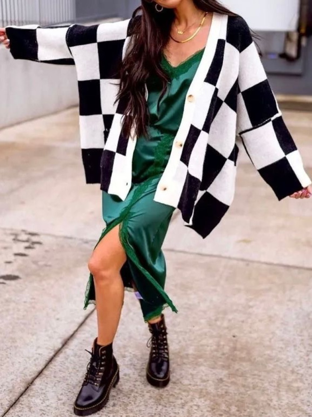 LALA ORIGINAL Love You Oversized Checkerboard Cardigan in Black + White S